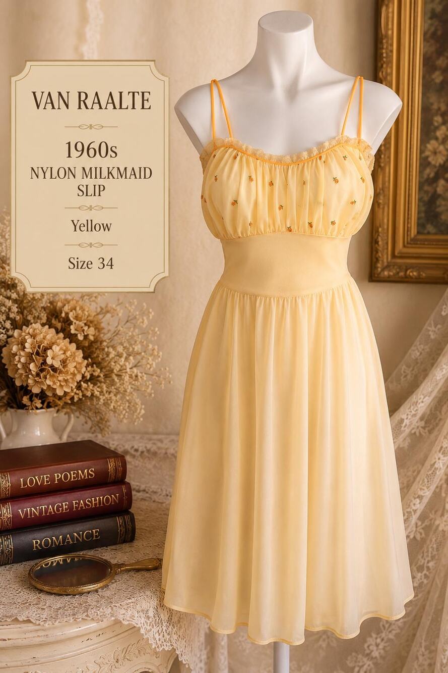 Vintage Van Raalte 1960s Yellow Nylon Milkmaid Embroidered Lace Slip Size 34
